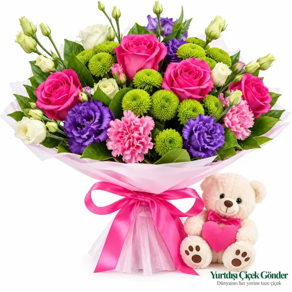 Canlı Renkli Mevsim Buketi ve Peluş Ayıcık